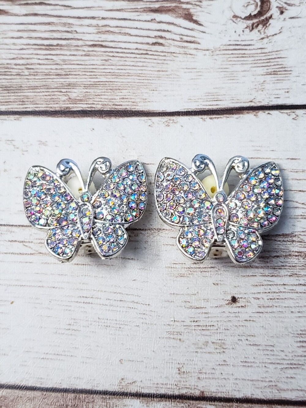 Vintage Clip On Earrings - Silver Tone Butterfly with Iridescent Gems